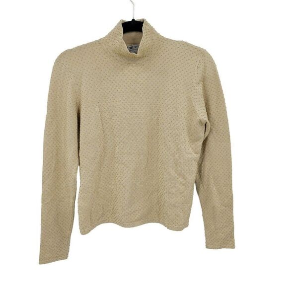 Vintage 80's Worth Silk Beaded Mock Neck Sweater S Gold Tight Knit Holiday - Picture 1 of 9
